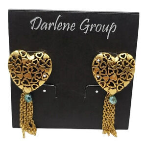 Darlene Group Heart Openwork Dangle Post Earrings Blue Crystal Bead Vintage